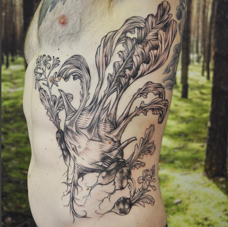 Tattoos - Black and Gray Freehand Kohlrabi and Radish on Ribs- Instagram @michaelbalesart - 121907